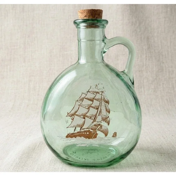 MCM Vintage Old Fitzgerald Green Glass Flagship Decanter Bottle Tall Ship Design