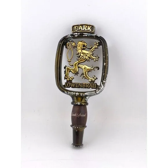 Vintage Lowenbrau Dark Special Beer Filigree Design Tap Handle Gold Metal Lion