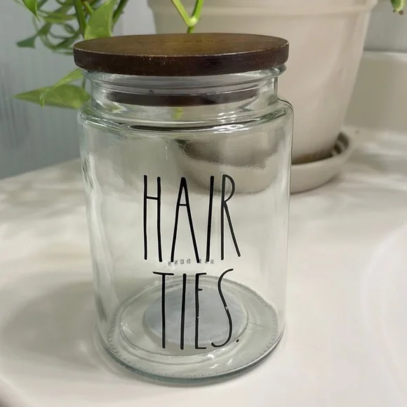 RAE DUNN Hair Ties Glass Container with Wood Lid NWT
