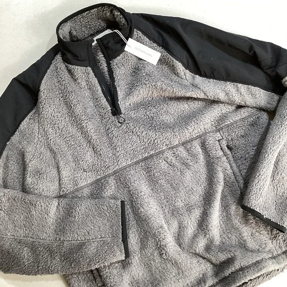 Outerknown 1/4 Zip Sweater Mens L Black‎ Grey Soft Sherpa Teddy Fleece Pullover