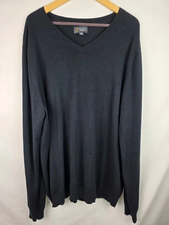 Wallin & Bros Mens Sweater Size XXL Navy Blue Cashmere Blend V-Neck Knit Top