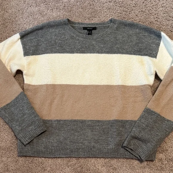 Forever 21 Men's Striped Crewneck Sweater - Gray, Cream, Brown