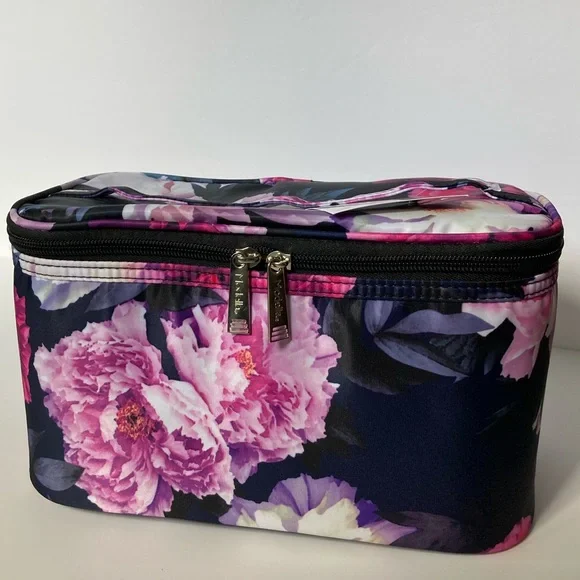 Modella Cosmetic Train Case in Midnight Blue & Pink Floral Pattern with Handle