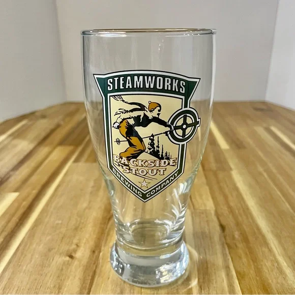 Steamworks Brewing Company Beer Glass 6 1/2” Skier Logo Retro Pilsner Glass