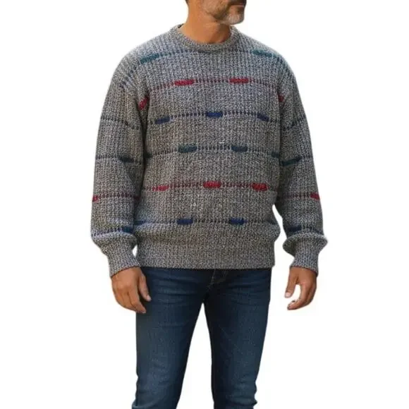 Vintage Gray Wool Sweater Men Sz Large 80s Dadcore Scandinavian Knit Retro Artsy