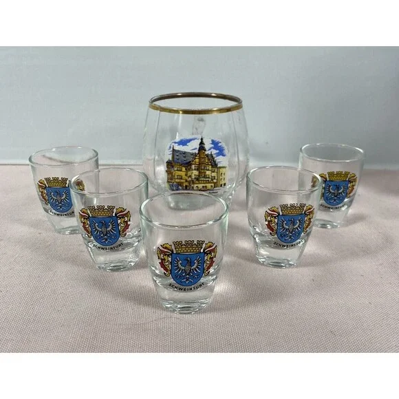 VTG German 5 Shot Glass Set Schweinfurt - Rathaus. Plus 1 Drinking Glass.