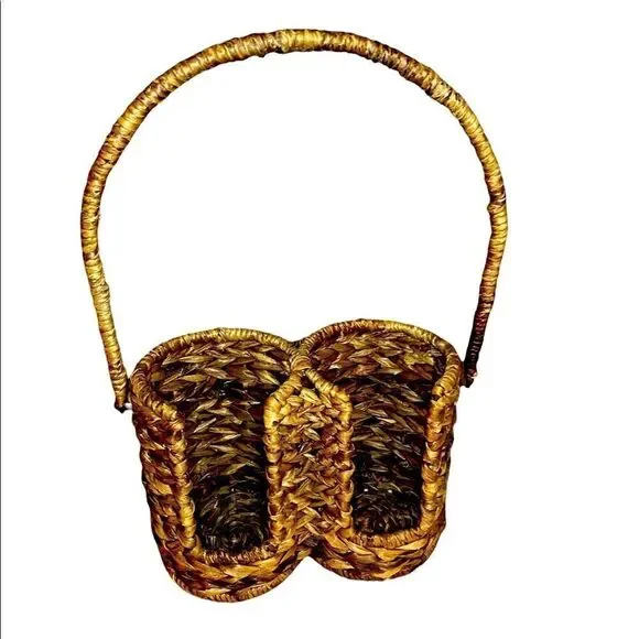 Vintage Double Wine Bottle Woven Wicker Tote with Rotating Handle 14x8