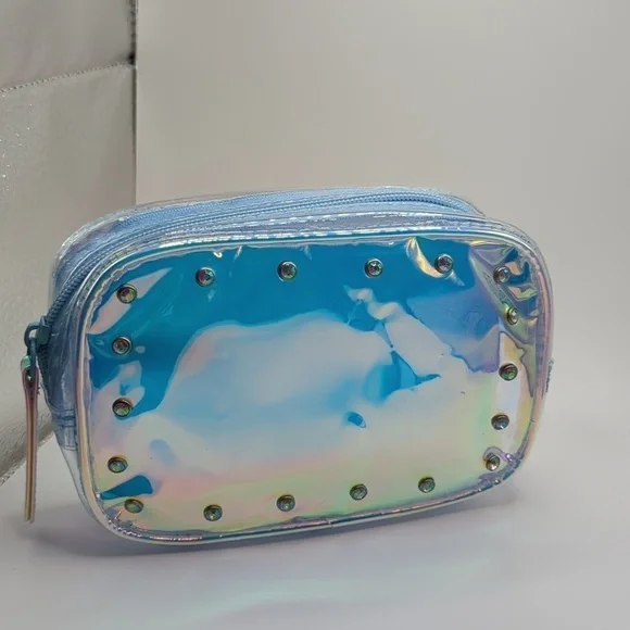 Clear iridescent makeup bag with rhinestones