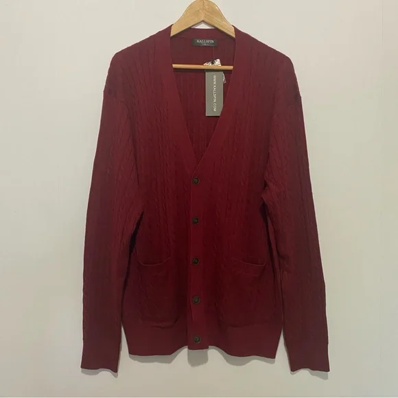 Kallspin Wool Blend Men's Cardigan XL Maroon Cable Knit Button Front Sweater NWT