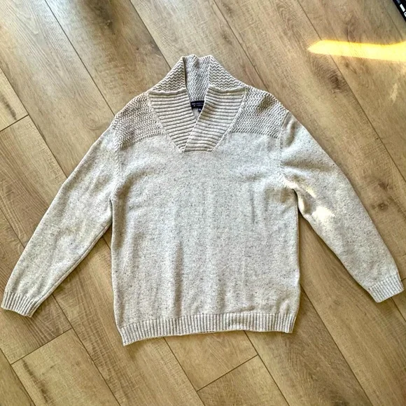 Men's Cotton Wool Knit Pullover Long Sleeve Cream Sweater Shawl Neckline XL‎