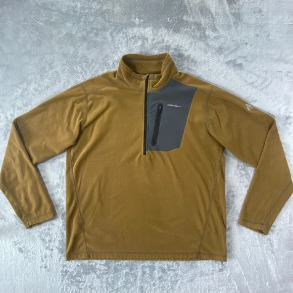 EDDIE BAUER First Ascent Fleece Pullover Mens XL Tan 1/4 Zip Chest Pocke
