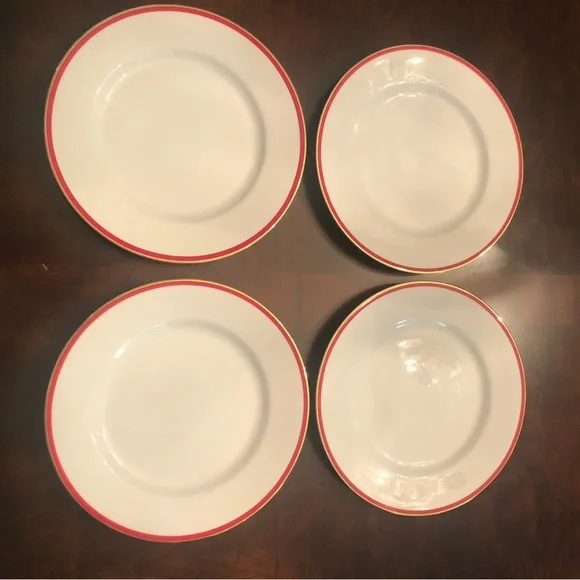 4 Vintage Crate&Barrel White Plates Red & Gold Rim New?