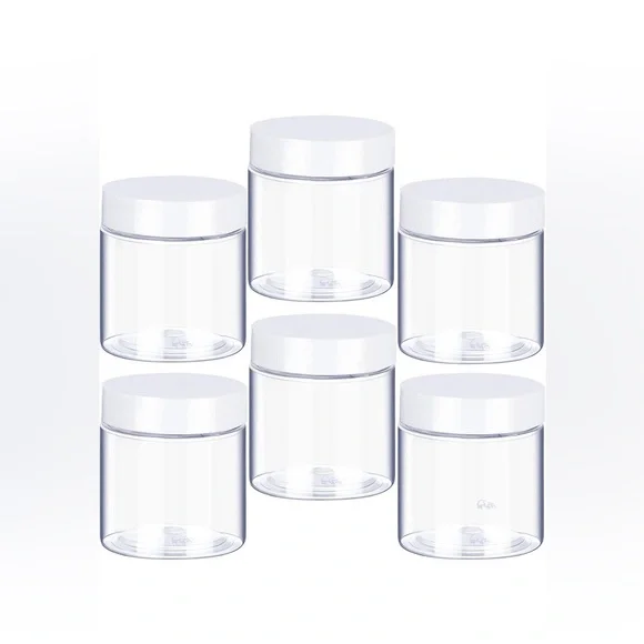 BRAND NEW 6 Pack 8 oz Plastic Pot Jars Round Clear Leak Proof