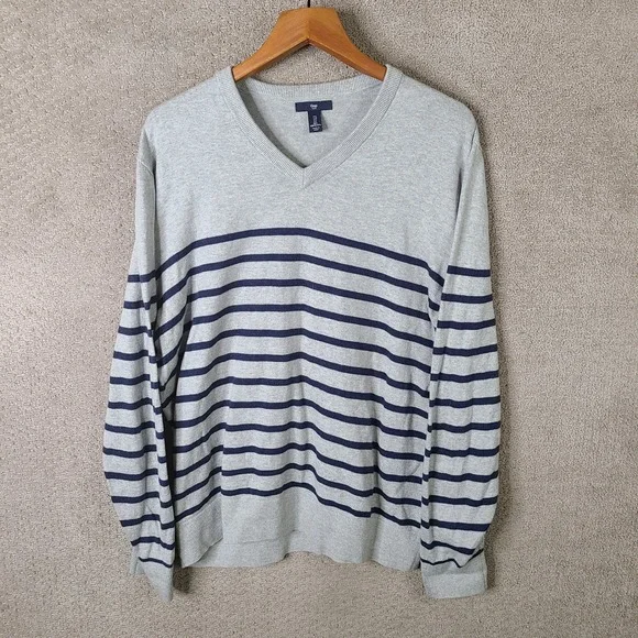 Gap Sweater Mens Large Gray Blue Striped V-Neck 100% Cotton Long Sleeve Pullover