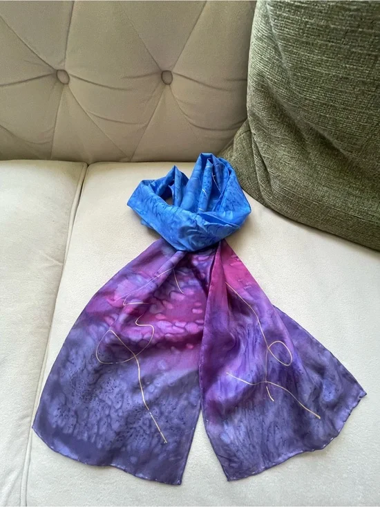 Hand-Dyed Silk Scarf in Blue, Purple & Pink