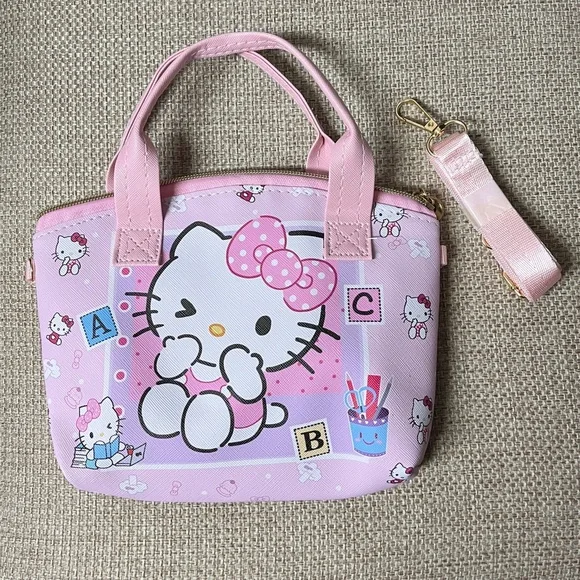 Hello Kitty Pink Kids Tote Bag, NWT, 9x6.5x1”, remov crossbody strap, PU leather