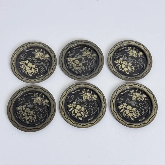 Set of 6 Vintage Aluminum Hawaii Souvenir Coaster Set