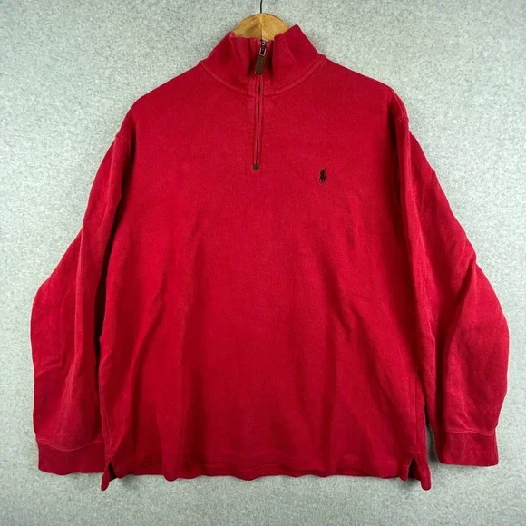 Vintage Polo Ralph Lauren Sweater XXL Red Quarter Zip Pony Cotton Pullover Prepp