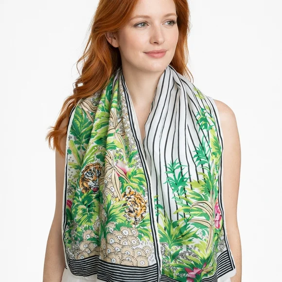 Vintage Silk Lush Jungle Motif Rectangular Scarf
