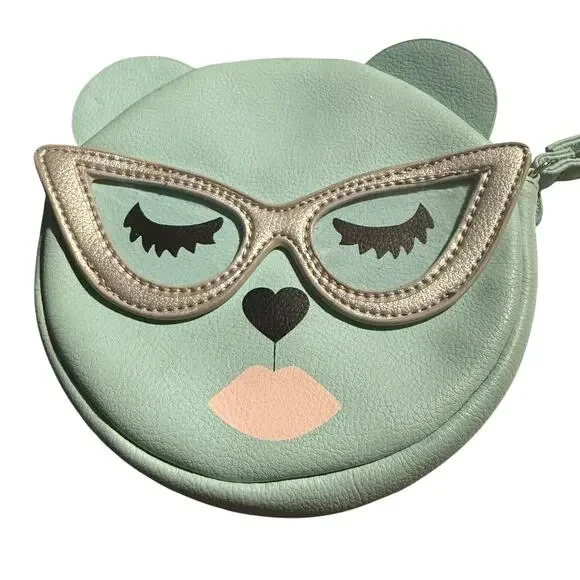 Betsey Johnson Mint Ice Blue Sleepy Bear Cat Eye Glasses Wristlet Purse
