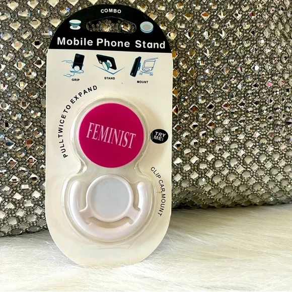 Feminist Mobile Phone Stand - Pink and White