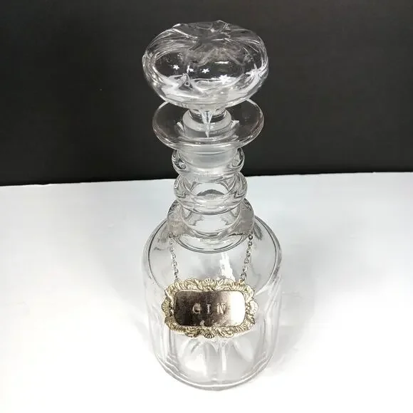 Vintage Glass Decanter Gin English Silverplate Label Tag Mushroom Stopper