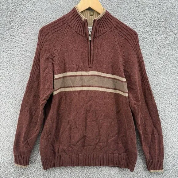 Columbia Sweater Mens M 1/4 Zip Ribbed Knit Mock Neck Pullover Red Brown‎ Stripe