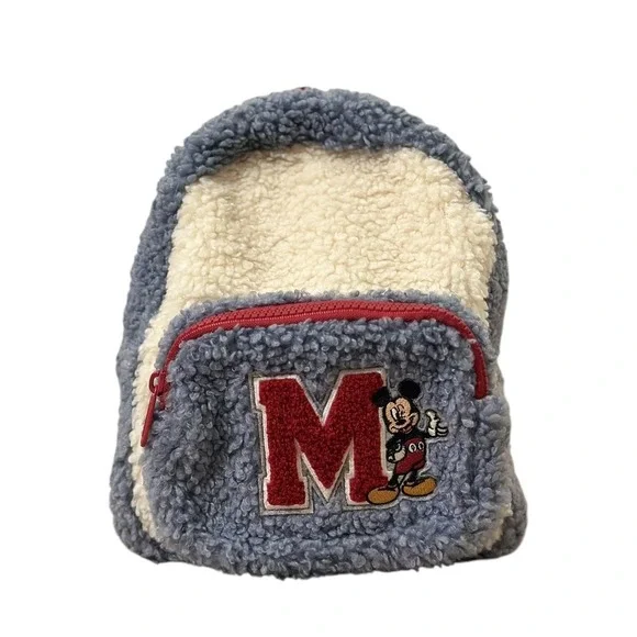 Disney Mickey Mouse Sherpa Mini Backpack Blue Cream Red Zippers M Patch