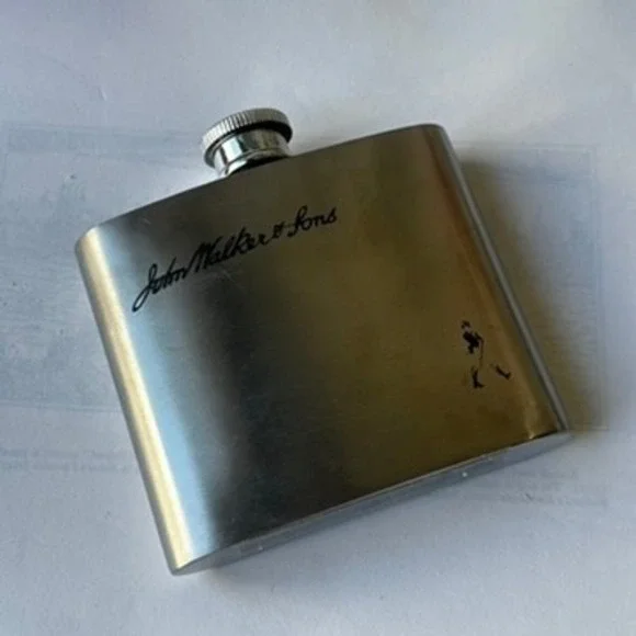 John Walker & Sons Stainless Steel Hip Flask Striding Man Logo Silver Barware