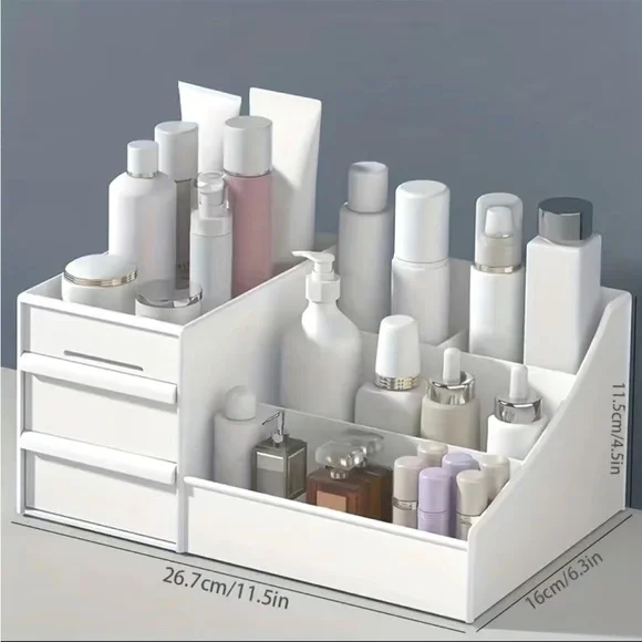 New White Makeup Organizer Vanity Bathroom Countertop Cosmetics with Drawers