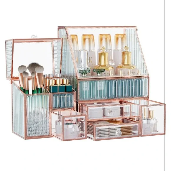 Elegant Glass Cosmetic Organizer with Laced Edge 3 Piece Set, Antique-Gold