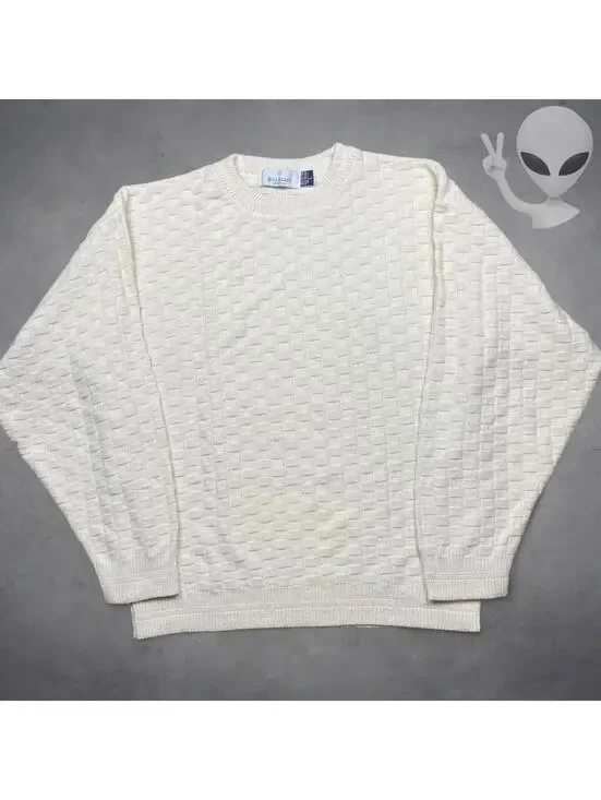 Vintage Bill Blass Mens Large Cream Basketweave Knit Sweater Hand Framed USA