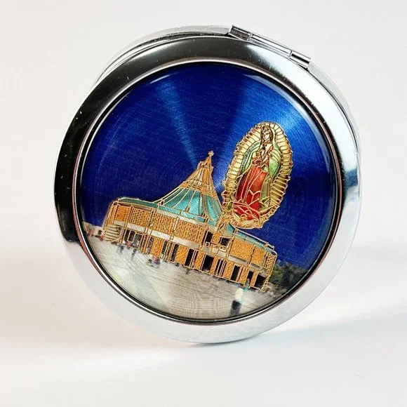 3/$15 Silver Tone Blue Religious Round Compact Mirror