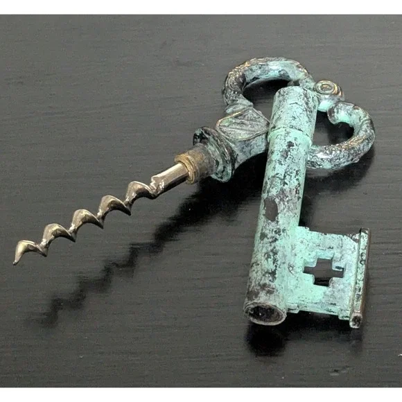 Vintage 1970s Brass Skeleton Key Corkscrew and Bottle Opener Heavily Oxidized‎