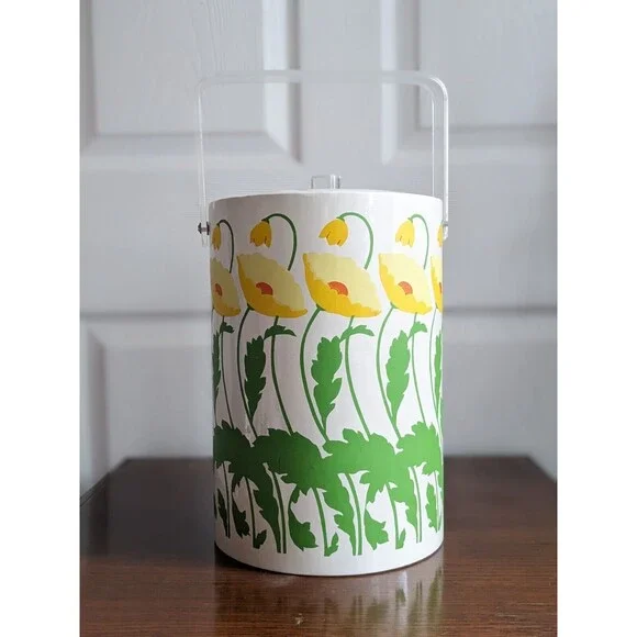 Vintage‎ 1970s Ice Bucket Yellow Poppies Bold Floral Print Padded White Vinyl