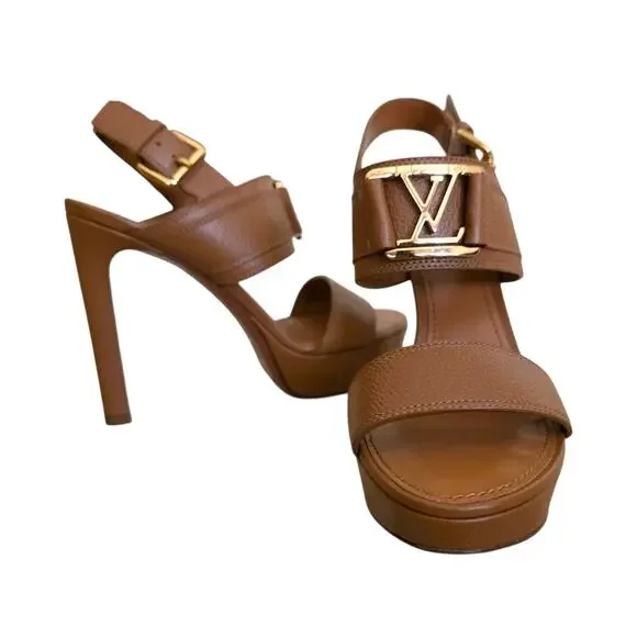 Louis Vuitton Platform Brown Leather Heel Sandals Logo Horizon IT 36.5 US 6.5