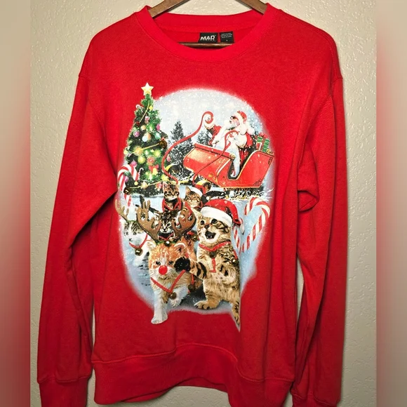 MAD Engine Festive Holiday Jingle Bell Cat Red Christmas Sweater – Size S (NWT)
