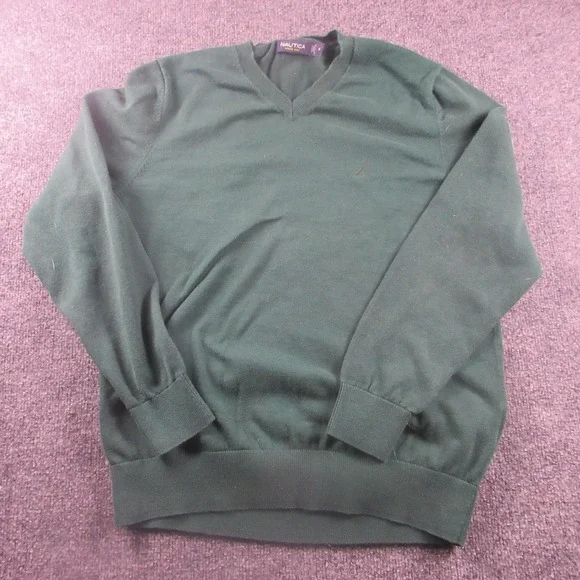 Nautica Sweater‎ Mens Medium Green 100% Cotton V Neck Logo Pullover Knit Classic