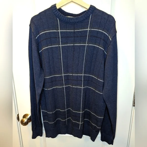 Oscar de la Renta Navy Blue Windowpane Plaid Crewneck Sweater Size Medium