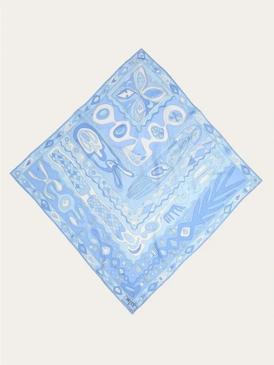 Blue Abstract Silk Scarf with White Accents