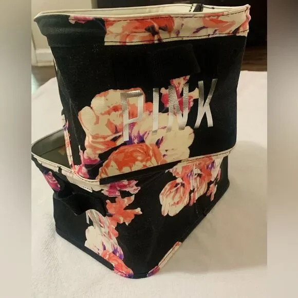 PINK VS HTF VINTAGE BLACK FLORAL STORAGE BIN TRUNK SET OF 2