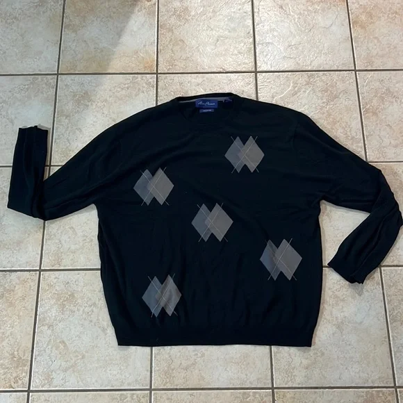 Alan Flusser Silk Cotton Blend‎ Navy Blue Golf Sweater Argyle Design, Sz XXL