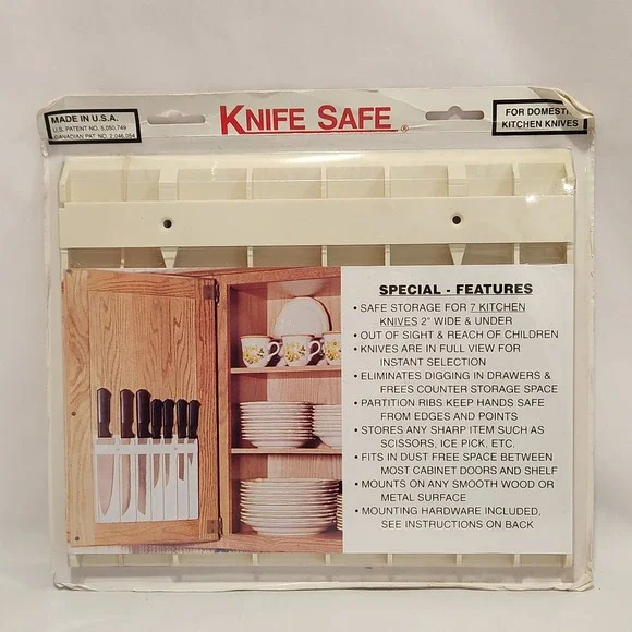 Vintage Knife Safe White Plastic Cabinet Door Mount 7‎ Knife Storage Rack USA