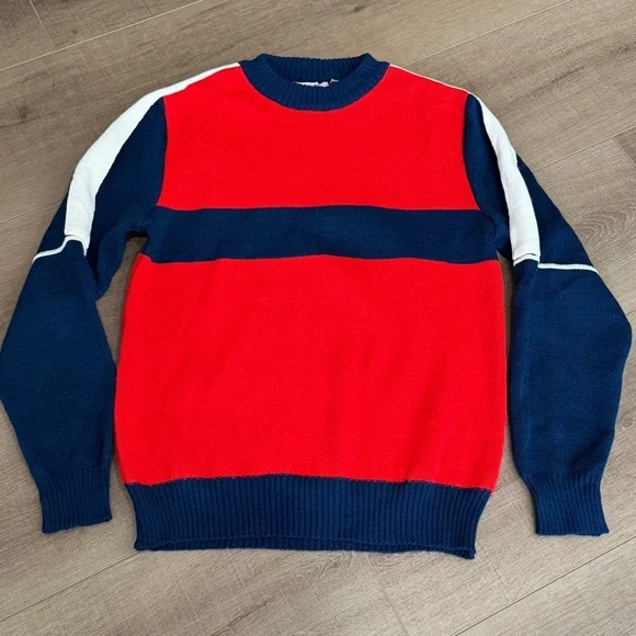 Vintage Mergers Sweater Men M Red Blue Acrylic Pullover Tight Knit 90s Crew Neck
