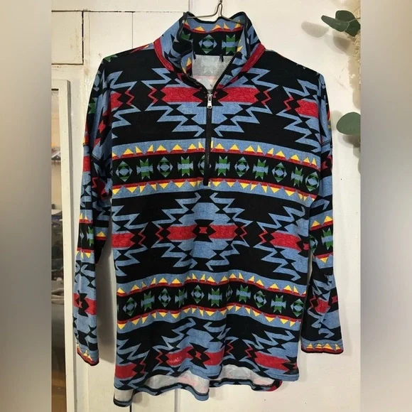 Men's Aztec Pattern Half-Zip-Up Sweater - Black, Red, Blue