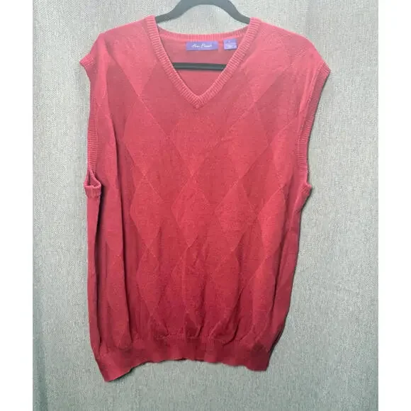 Alan Flusser Men's XL‎ Sweater Vest Pullover Knit V-Neck Cotton Red Diamond