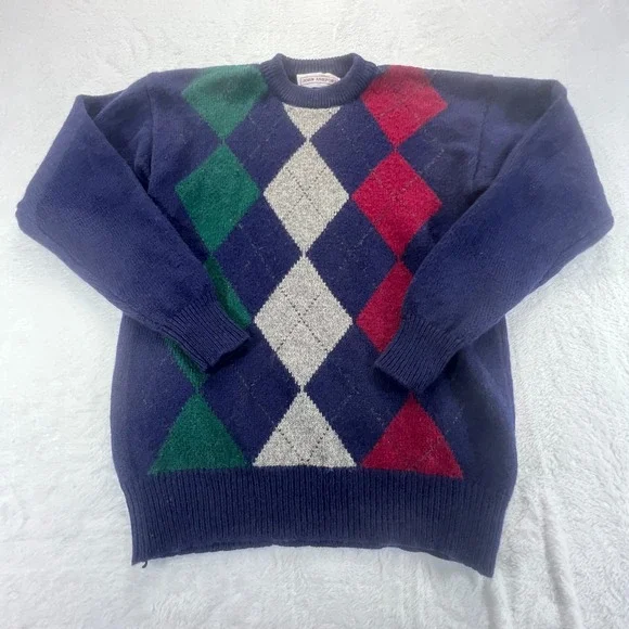 Vintage Mens 90s Argyle Shetland Wool Sweater Sz M Preppy Golf Ski Retro Classic