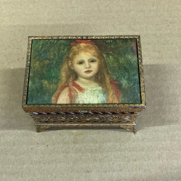 Gold vintage‎ footed trinket box “portrait of a young girl “ by Renoir 1841-1919