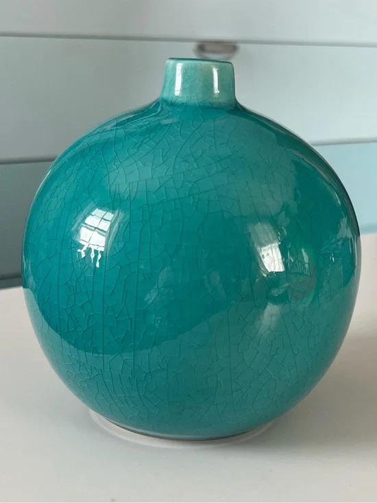 Crate&Barrel Teal Gloss Crackle Ceramic 5” Globe Vase