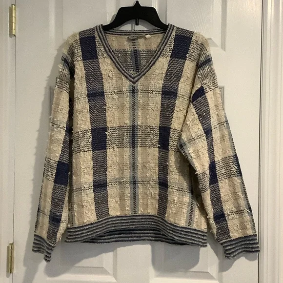 MONDO Vintage Mens Italian Linen Blend Blue/Ivory Eclectic Grandpa Sweater M